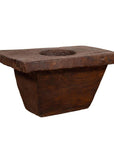 Brown wooden rectangular planter with round hollow center, antique Indonesian style, early 20th century.