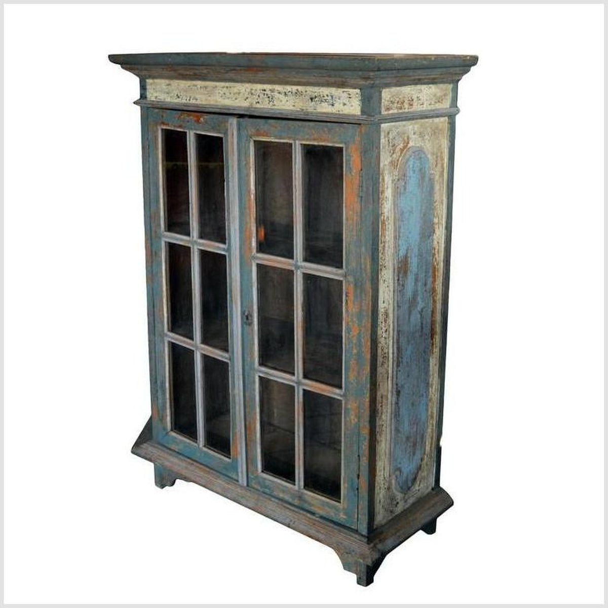 Rustic Hand Carved Goan Indian Cabinet with Glass Doors from the 19th Century-3. Asian & Chinese Furniture, Art, Antiques, Vintage Home Décor for sale at FEA Home