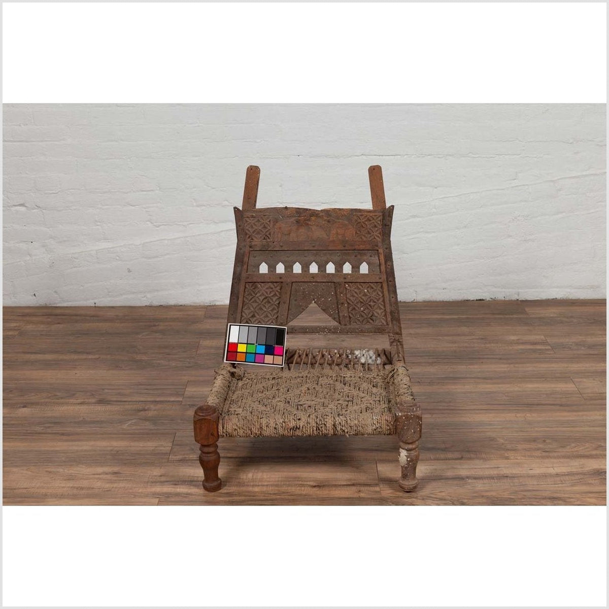 Rustic Indian Low Wooden Chair with Rope Seat and Weathered Appearance-3. Asian & Chinese Furniture, Art, Antiques, Vintage Home Décor for sale at FEA Home