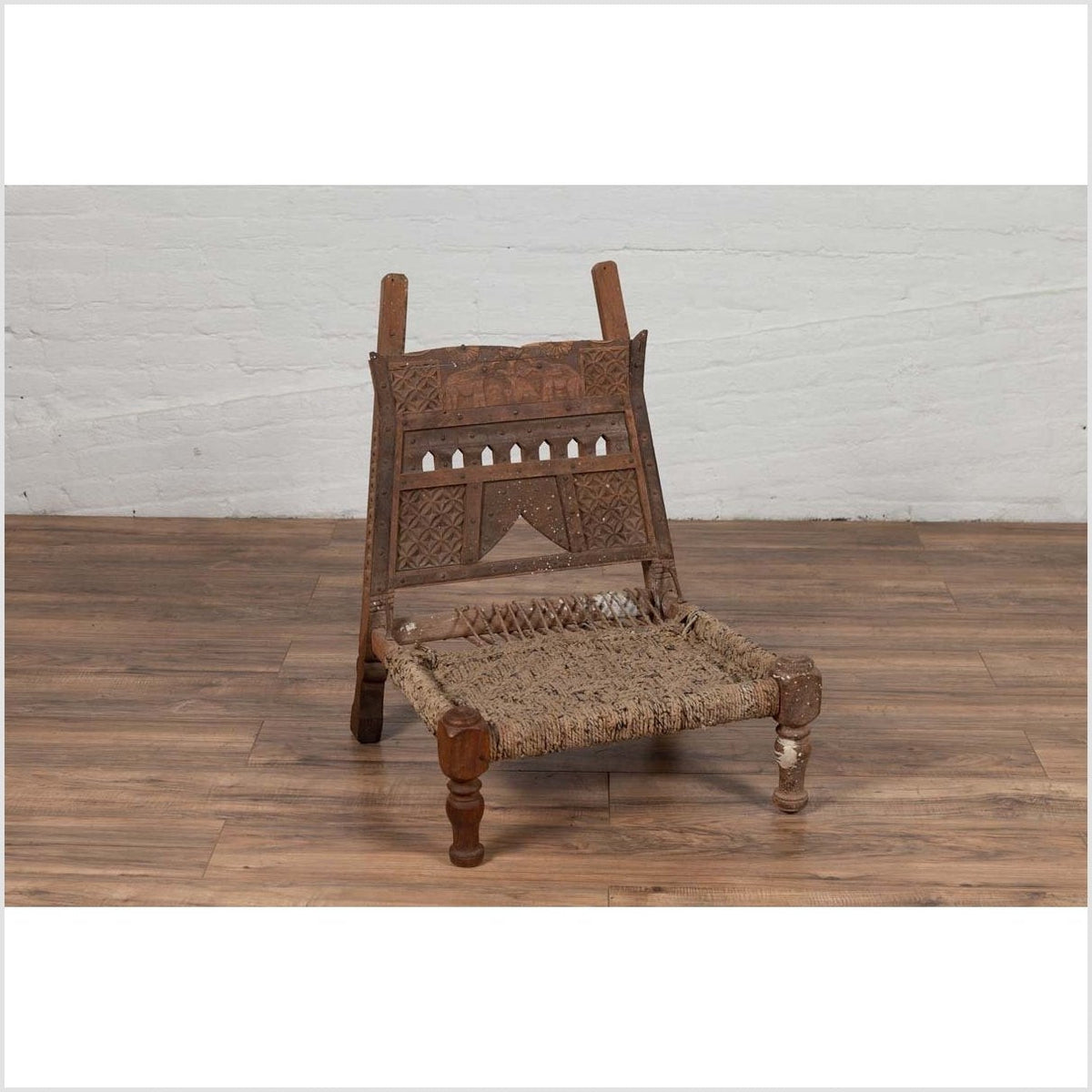 Rustic Indian Low Wooden Chair with Rope Seat and Weathered Appearance-7. Asian & Chinese Furniture, Art, Antiques, Vintage Home Décor for sale at FEA Home