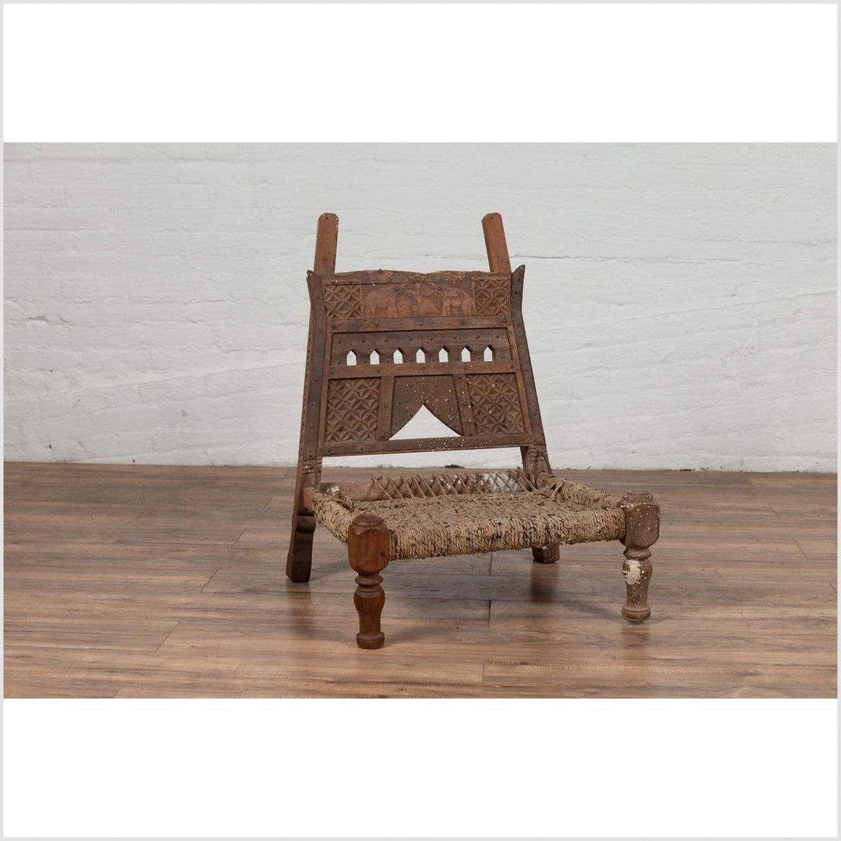 Rustic Indian Low Wooden Chair with Rope Seat and Weathered Appearance-8. Asian & Chinese Furniture, Art, Antiques, Vintage Home Décor for sale at FEA Home