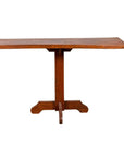 Brown wooden Indonesian console table with single plank top and pedestal base, on white background.