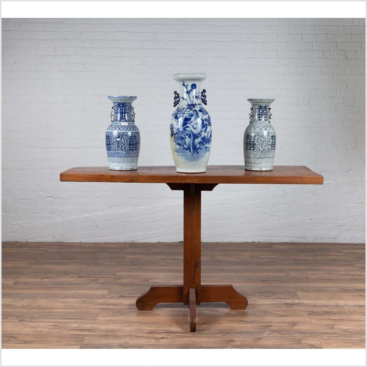 Rustic Indonesian Wooden Console Table with Single Plank Top and Pedestal Base-3. Asian & Chinese Furniture, Art, Antiques, Vintage Home Décor for sale at FEA Home