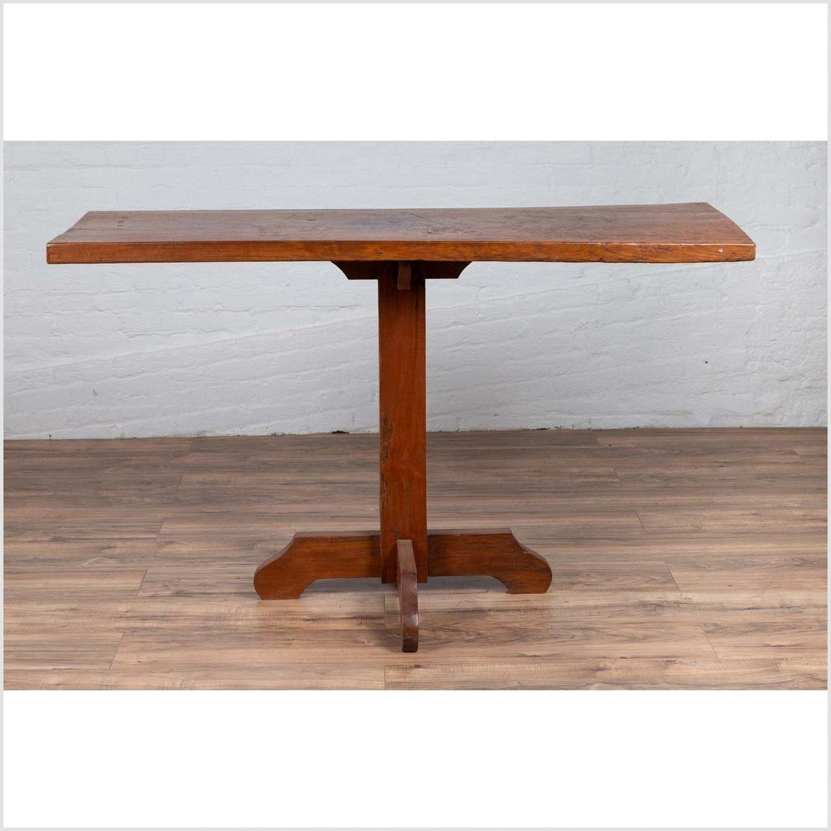 Rustic Indonesian Wooden Console Table with Single Plank Top and Pedestal Base-5. Asian & Chinese Furniture, Art, Antiques, Vintage Home Décor for sale at FEA Home
