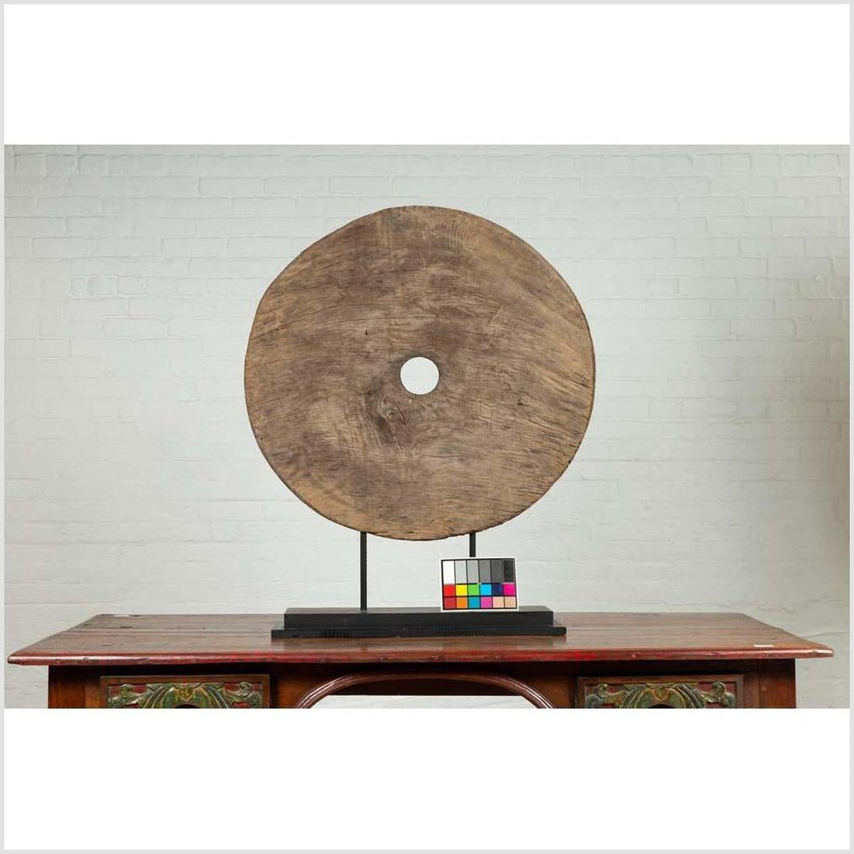 Rustic Ox Cart Wooden Wheel from Thailand, Mounted on Black Painted Base-4. Asian & Chinese Furniture, Art, Antiques, Vintage Home Décor for sale at FEA Home