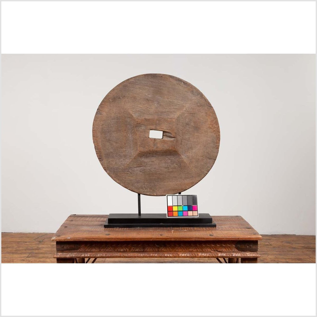 Rustic Ox Cart Wooden Wheel from Thailand, Mounted on Black Painted Base-3. Asian & Chinese Furniture, Art, Antiques, Vintage Home Décor for sale at FEA Home