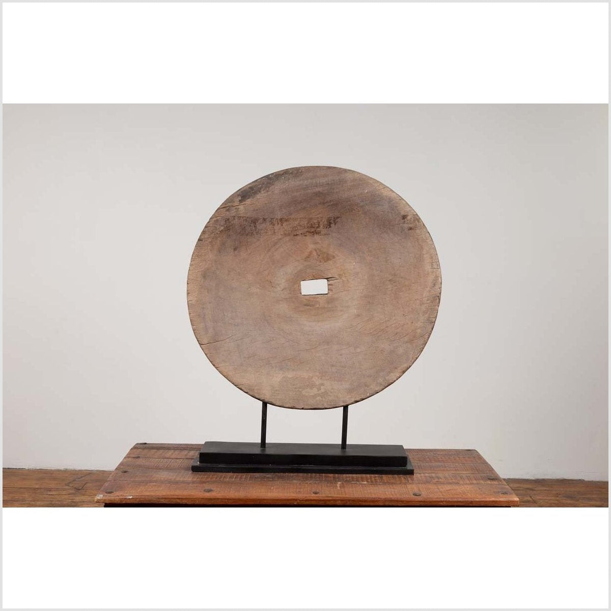 Rustic Ox Cart Wooden Wheel from Thailand, Mounted on Black Painted Base-8. Asian & Chinese Furniture, Art, Antiques, Vintage Home Décor for sale at FEA Home