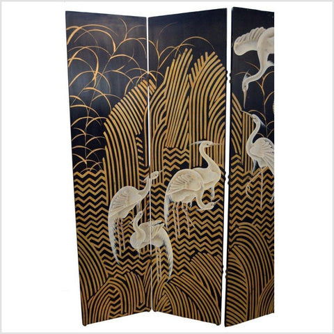 6-Panel Black Lacquer and Gilt Screen with Cranes and Gold Accents-YN2777-7. Asian & Chinese Furniture, Art, Antiques, Vintage Home Décor for sale at FEA Home