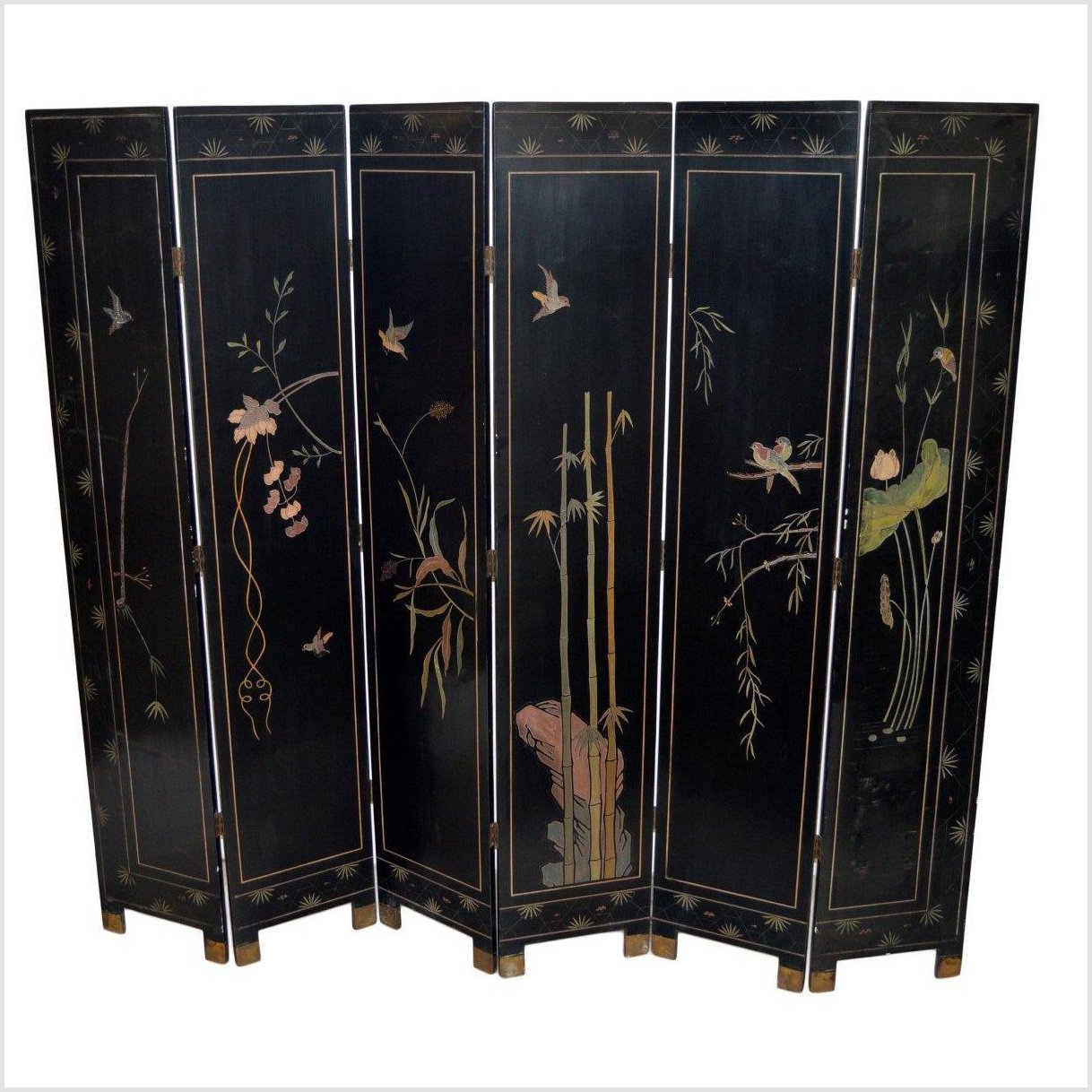 6-Panel Screen Depicting Cranes in Gold, Jade and Black Tones-YN2789-13. Asian & Chinese Furniture, Art, Antiques, Vintage Home Décor for sale at FEA Home