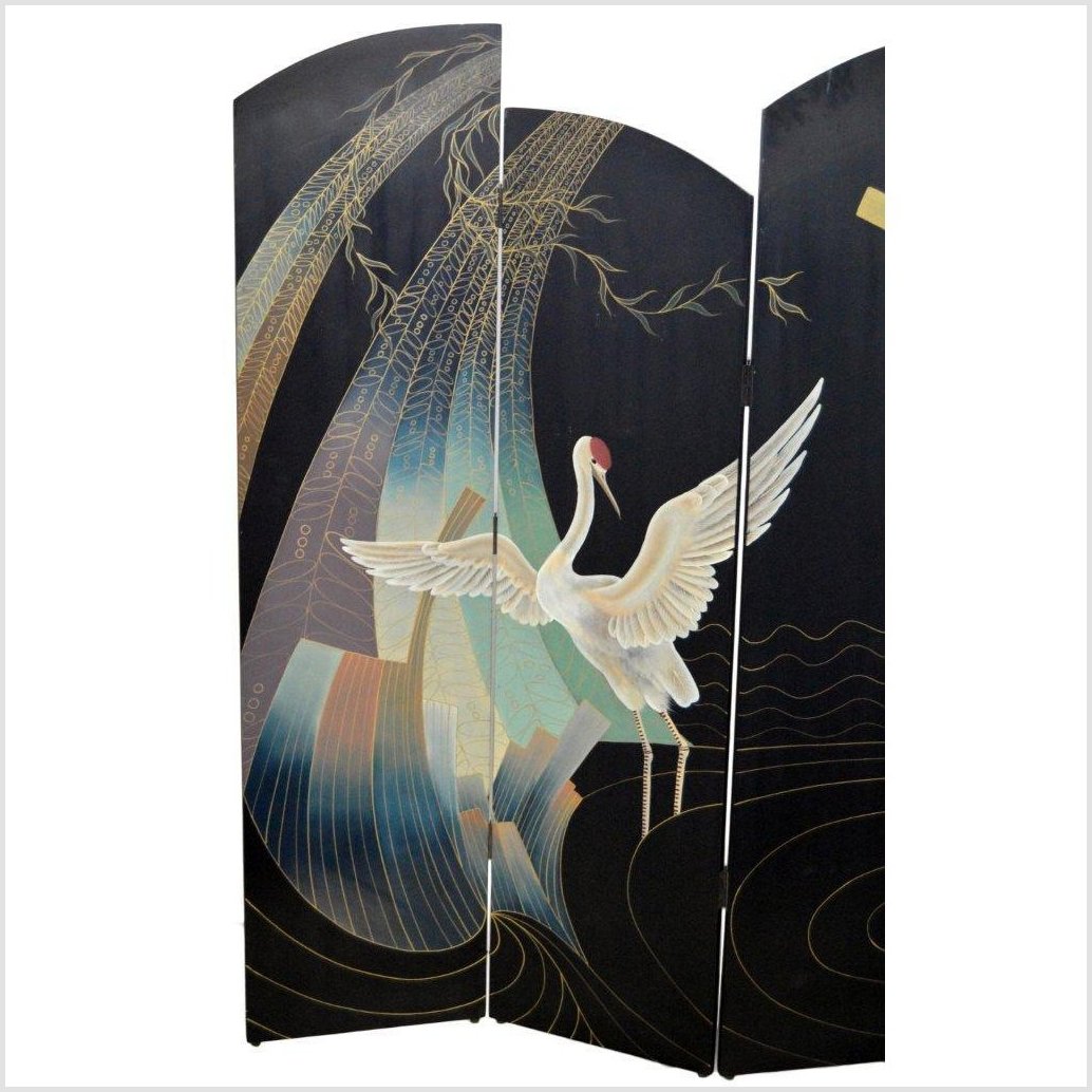 4- Panel Multi-level Black Screen with Heron Design-3. Asian & Chinese Furniture, Art, Antiques, Vintage Home Décor for sale at FEA Home
