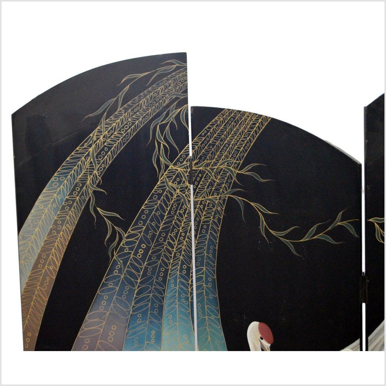 4- Panel Multi-level Black Screen with Heron Design-6. Asian & Chinese Furniture, Art, Antiques, Vintage Home Décor for sale at FEA Home