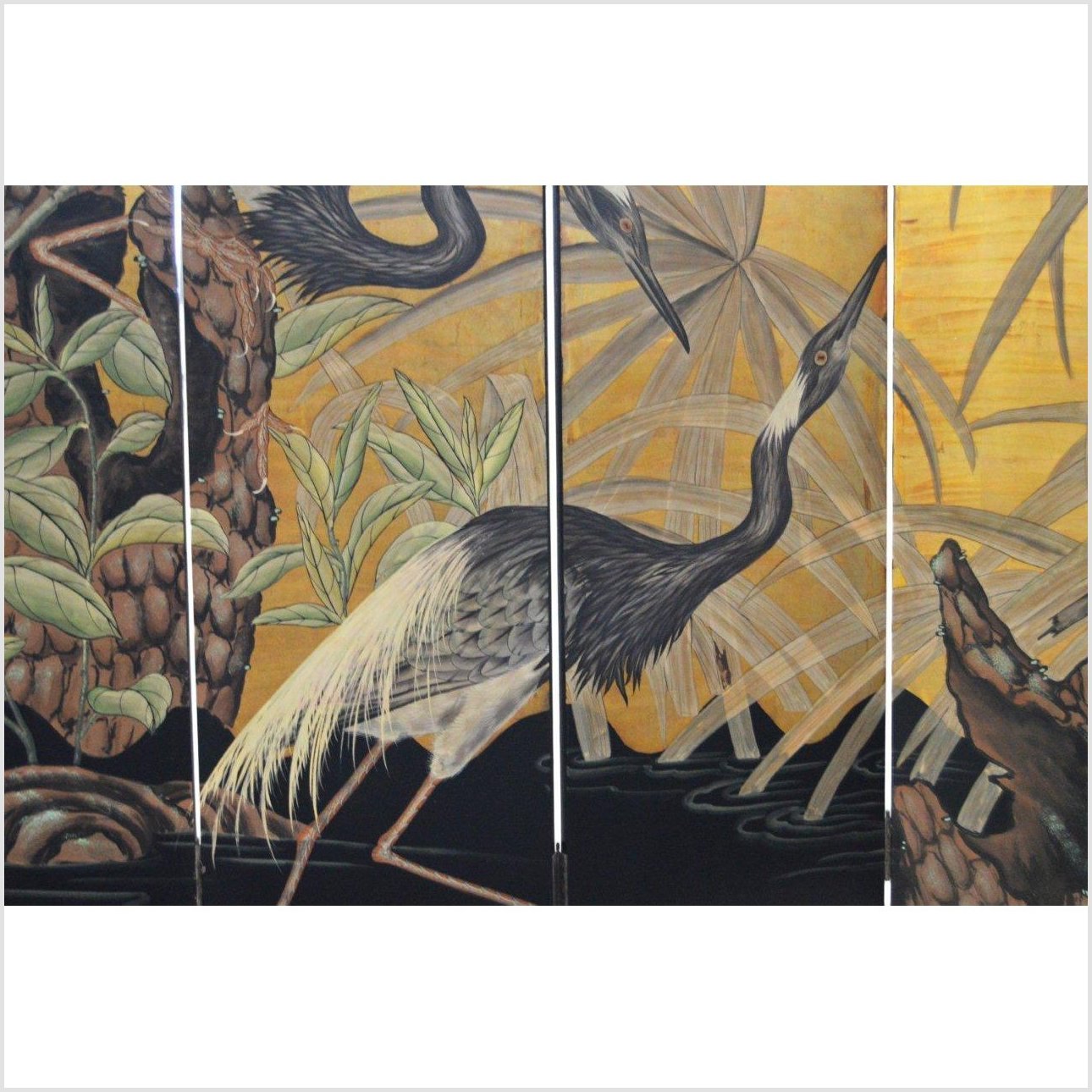 4-Panel Screen with Herons and Gold, Black and Green Tones-3. Asian & Chinese Furniture, Art, Antiques, Vintage Home Décor for sale at FEA Home