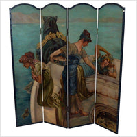4-Panel Chinese Vintage Scalloped Style Screen Depicting Three Maidens