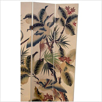 4-Panel White Lacquered Screen with Hand-Painted Cranes and Floral Design