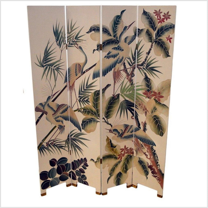 4-Panel White Lacquered Screen with Hand-Painted Cranes and Floral Design-YN2816 / YN2850-14. Asian & Chinese Furniture, Art, Antiques, Vintage Home Décor for sale at FEA Home