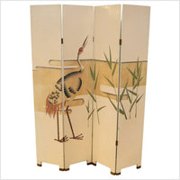 4-Panel White Lacquered Screen with Hand-Painted Cranes and Floral Design