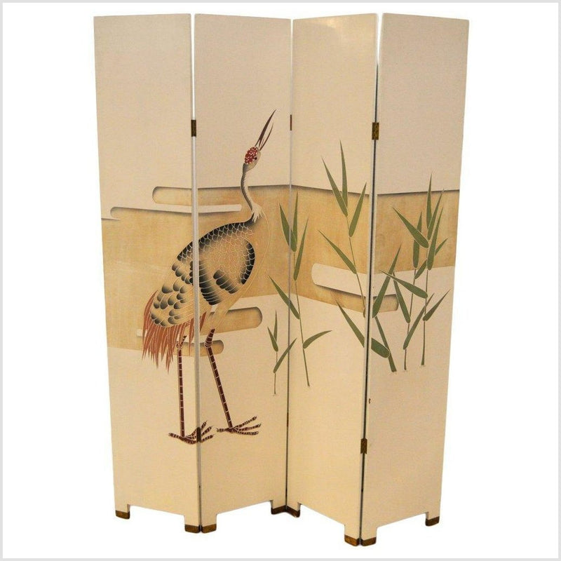 4-Panel White Lacquered Screen with Hand-Painted Cranes and Floral Design-YN2816 / YN2850-1. Asian & Chinese Furniture, Art, Antiques, Vintage Home Décor for sale at FEA Home