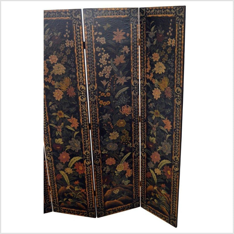 4-Panel Black Lacquered Screen with Multi-Colored Floral Accents-YN2821 / YN2882-2. Asian & Chinese Furniture, Art, Antiques, Vintage Home Décor for sale at FEA Home