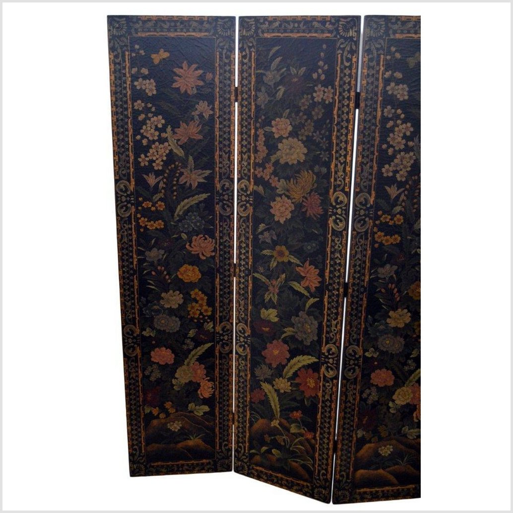 4-Panel Black Lacquered Screen with Multi-Colored Floral Accents-3. Asian & Chinese Furniture, Art, Antiques, Vintage Home Décor for sale at FEA Home