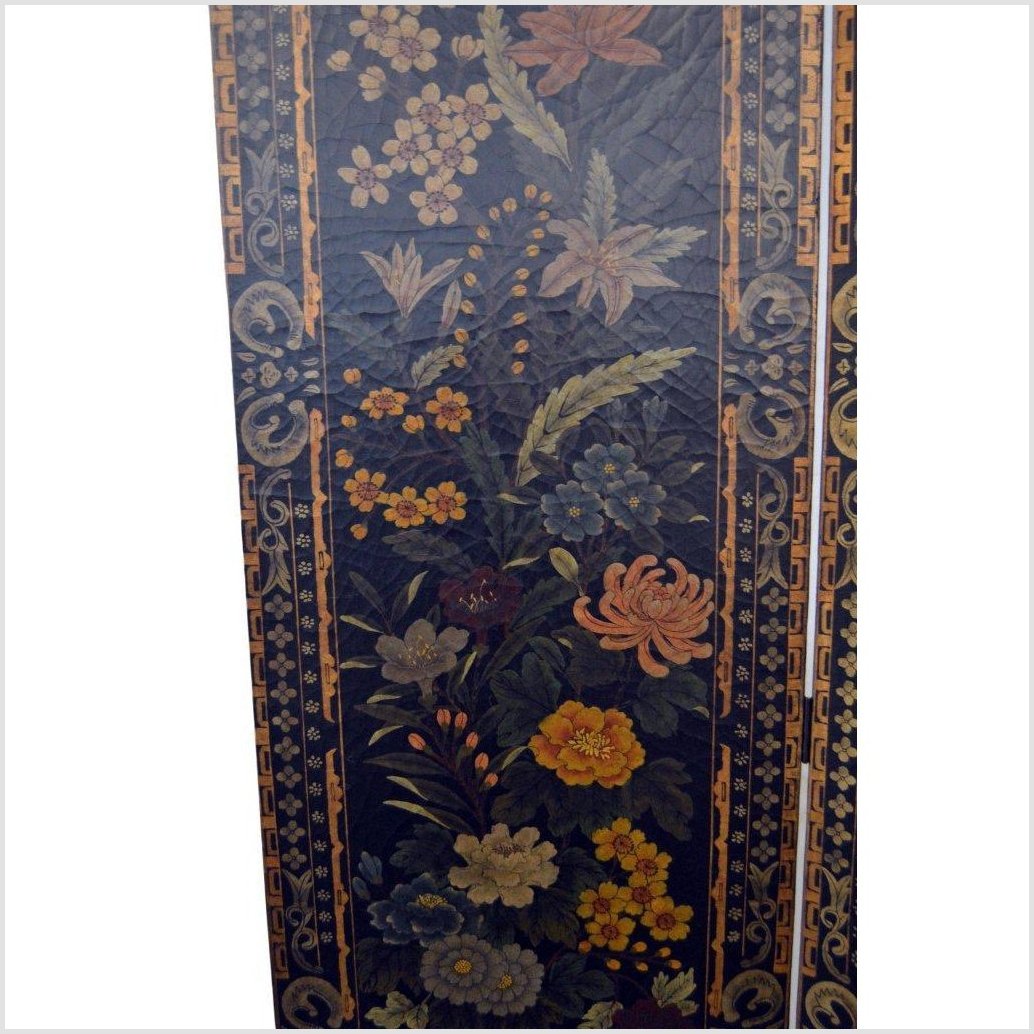 4-Panel Black Lacquered Screen with Multi-Colored Floral Accents-4. Asian & Chinese Furniture, Art, Antiques, Vintage Home Décor for sale at FEA Home