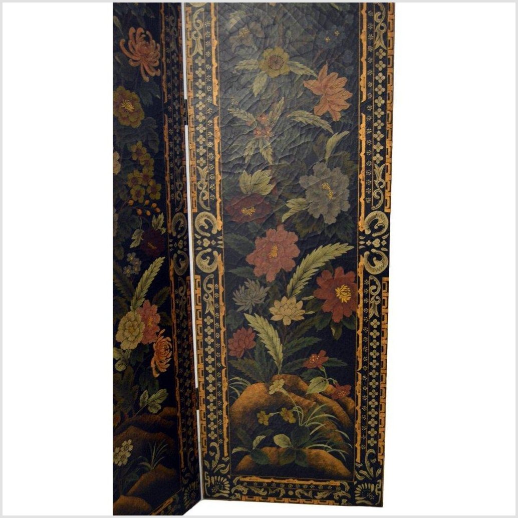4-Panel Black Lacquered Screen with Multi-Colored Floral Accents-7. Asian & Chinese Furniture, Art, Antiques, Vintage Home Décor for sale at FEA Home