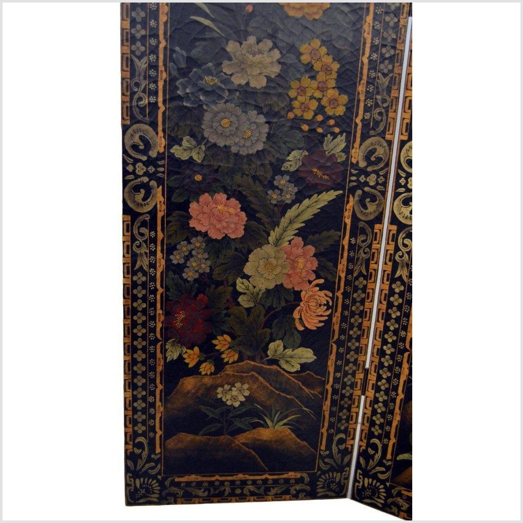 4-Panel Black Lacquered Screen with Multi-Colored Floral Accents-8. Asian & Chinese Furniture, Art, Antiques, Vintage Home Décor for sale at FEA Home