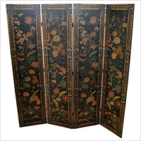 4-Panel Black Lacquered Screen with Multi-Colored Floral Accents