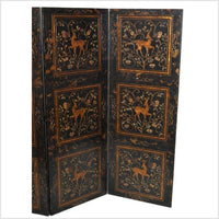 4-Panel Gilt Lacquered Screen with Deer and Floral Design