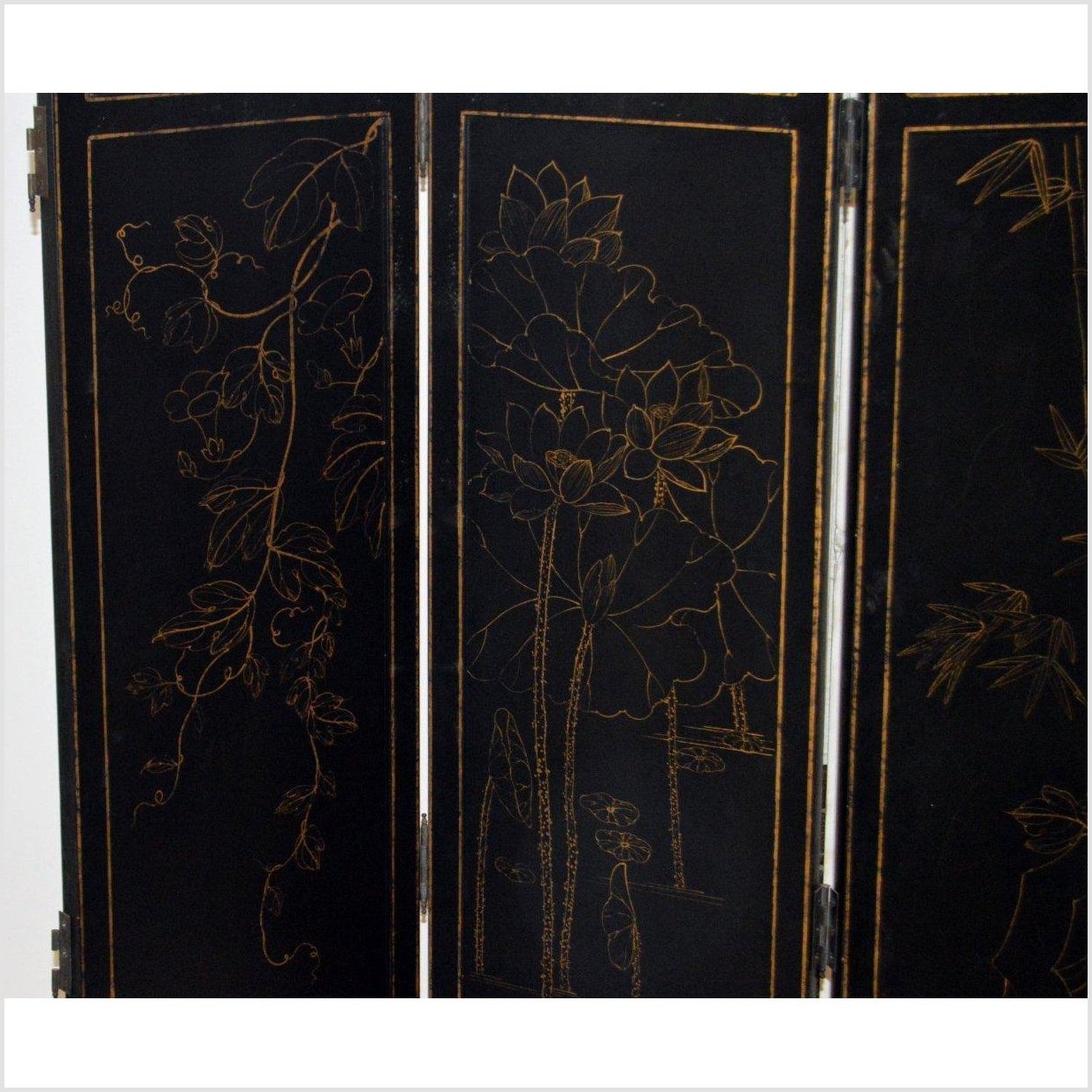3-Panel Black Lacquered Screen with Gilt Painted Bamboo and Chinese Calligraphic Inscriptions-10. Asian & Chinese Furniture, Art, Antiques, Vintage Home Décor for sale at FEA Home