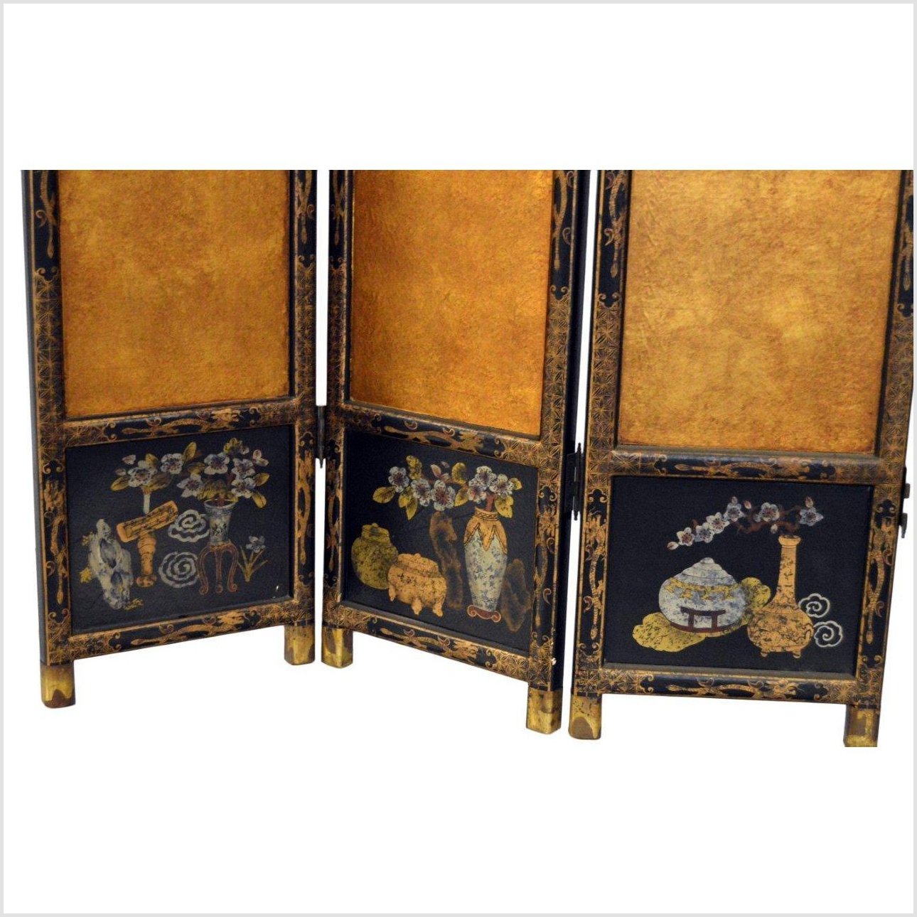 3-Panel Black Lacquered Screen with Gilt Painted Bamboo and Chinese Calligraphic Inscriptions-4. Asian & Chinese Furniture, Art, Antiques, Vintage Home Décor for sale at FEA Home