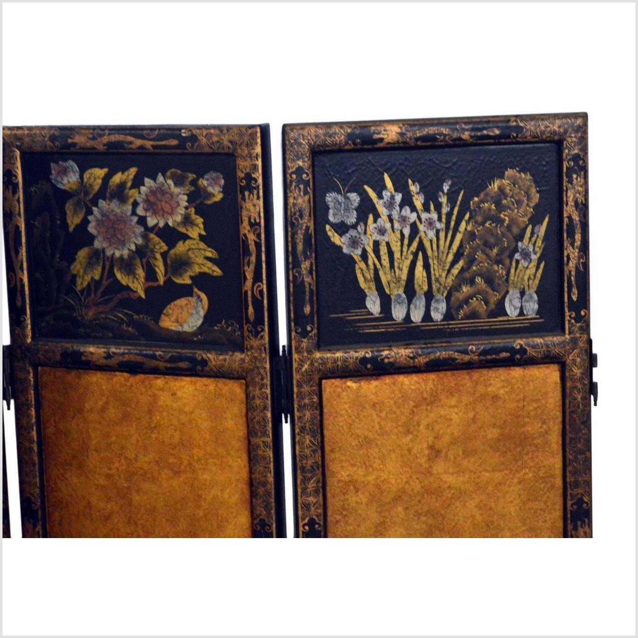3-Panel Black Lacquered Screen with Gilt Painted Bamboo and Chinese Calligraphic Inscriptions-3. Asian & Chinese Furniture, Art, Antiques, Vintage Home Décor for sale at FEA Home