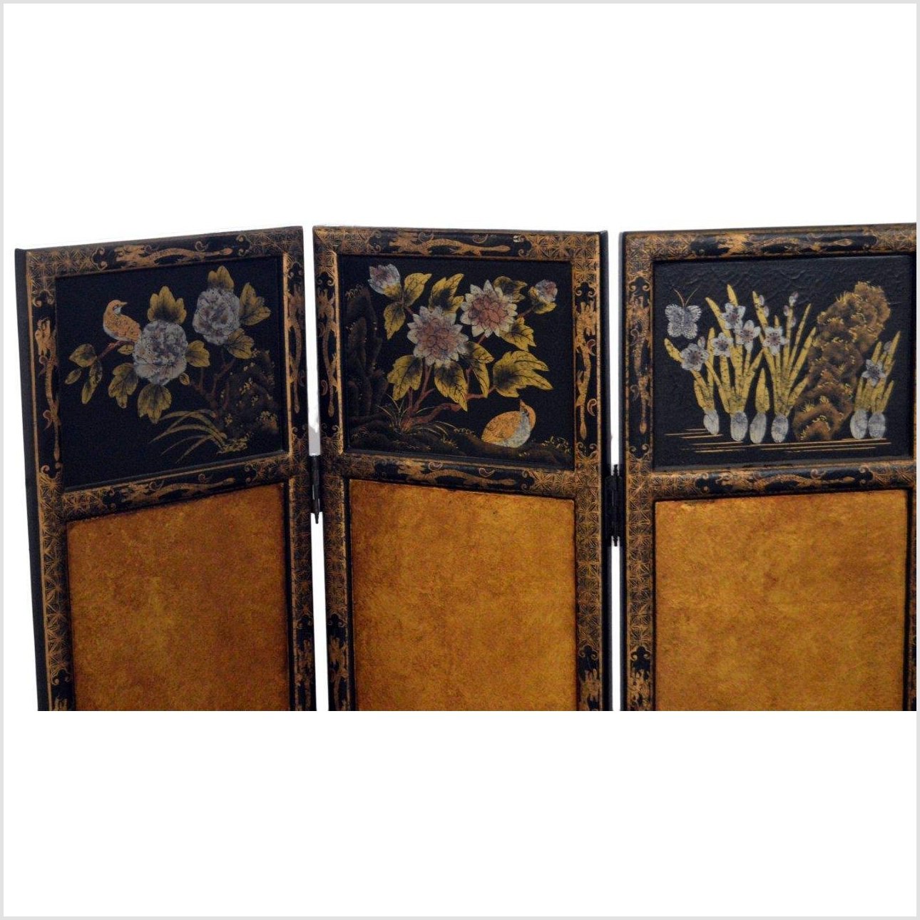 3-Panel Black Lacquered Screen with Gilt Painted Bamboo and Chinese Calligraphic Inscriptions-6. Asian & Chinese Furniture, Art, Antiques, Vintage Home Décor for sale at FEA Home