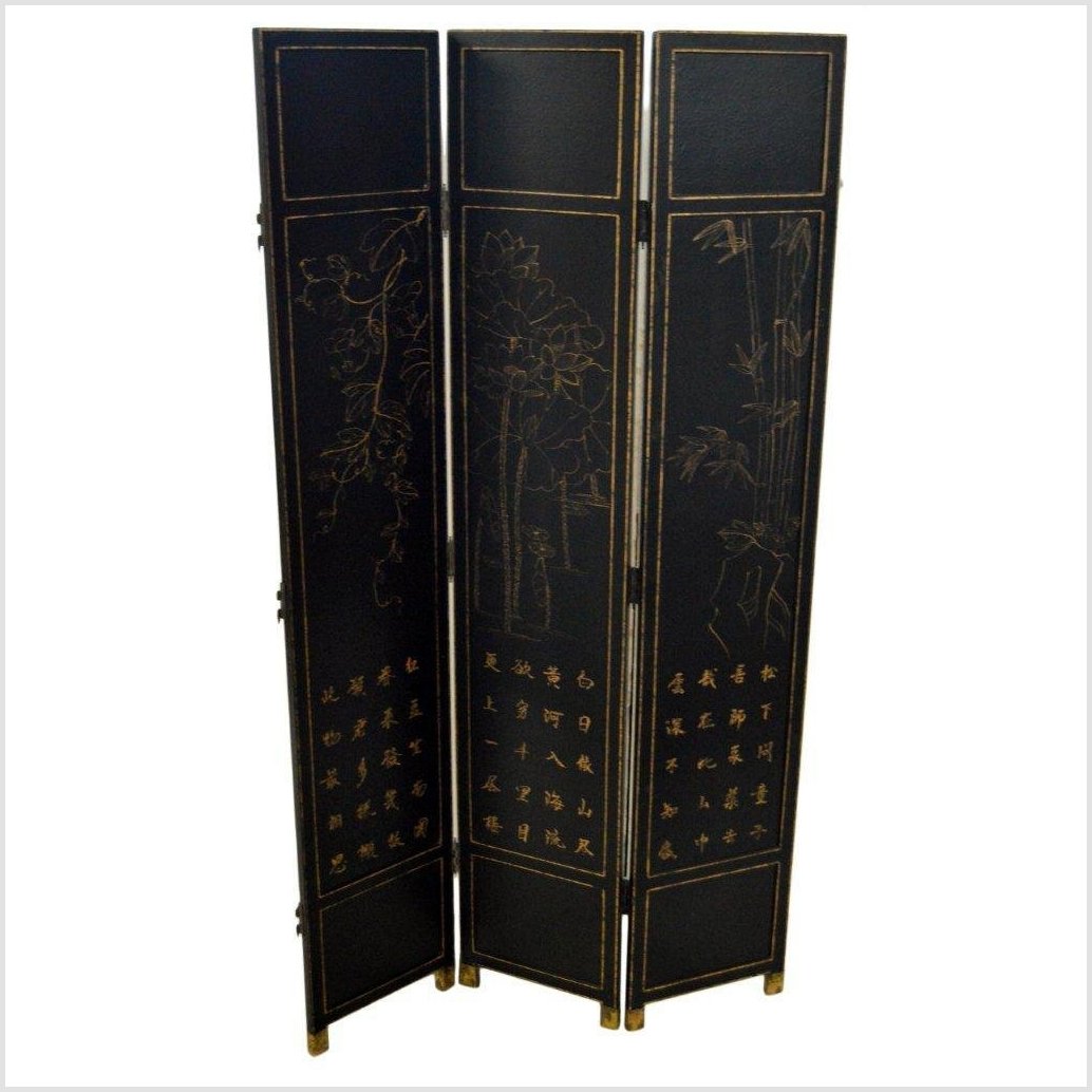 3-Panel Black Lacquered Screen with Gilt Painted Bamboo and Chinese Calligraphic Inscriptions-7. Asian & Chinese Furniture, Art, Antiques, Vintage Home Décor for sale at FEA Home