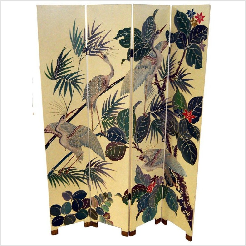 4-Panel Screen Designed with Cranes and Tropical Plants-YN2850-4. Asian & Chinese Furniture, Art, Antiques, Vintage Home Décor for sale at FEA Home