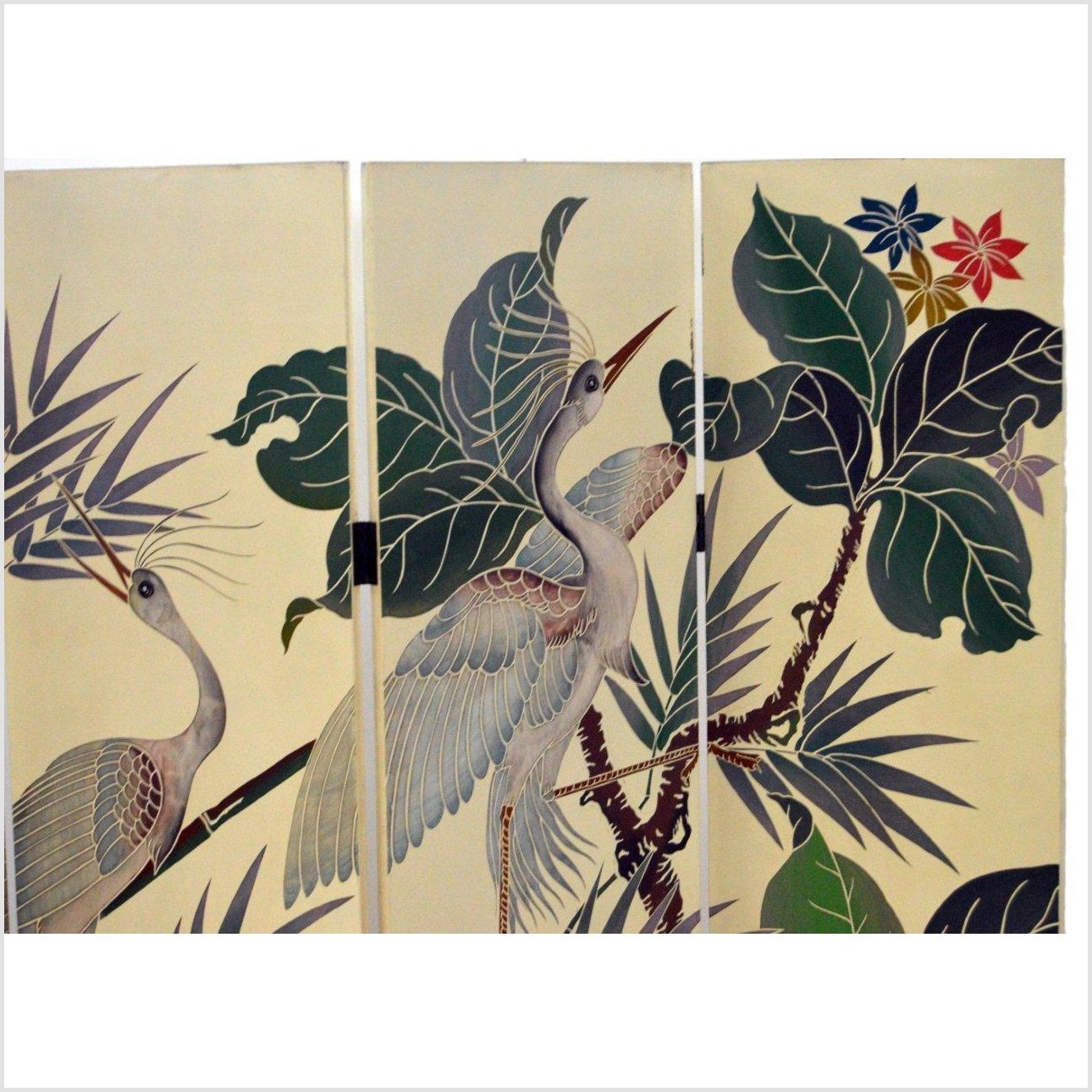 4-Panel Screen Designed with Cranes and Tropical Plants-YN2850-9. Asian & Chinese Furniture, Art, Antiques, Vintage Home Décor for sale at FEA Home