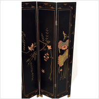 4-Panel Black Lacquered Screen with Chinoiserie