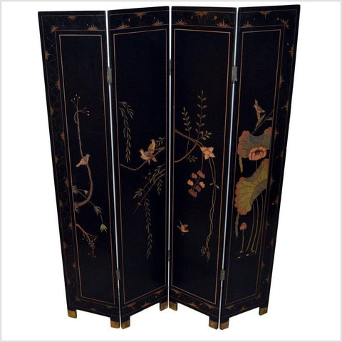 4-Panel Black Lacquered Screen with Chinoiserie-YN2852-9. Asian & Chinese Furniture, Art, Antiques, Vintage Home Décor for sale at FEA Home