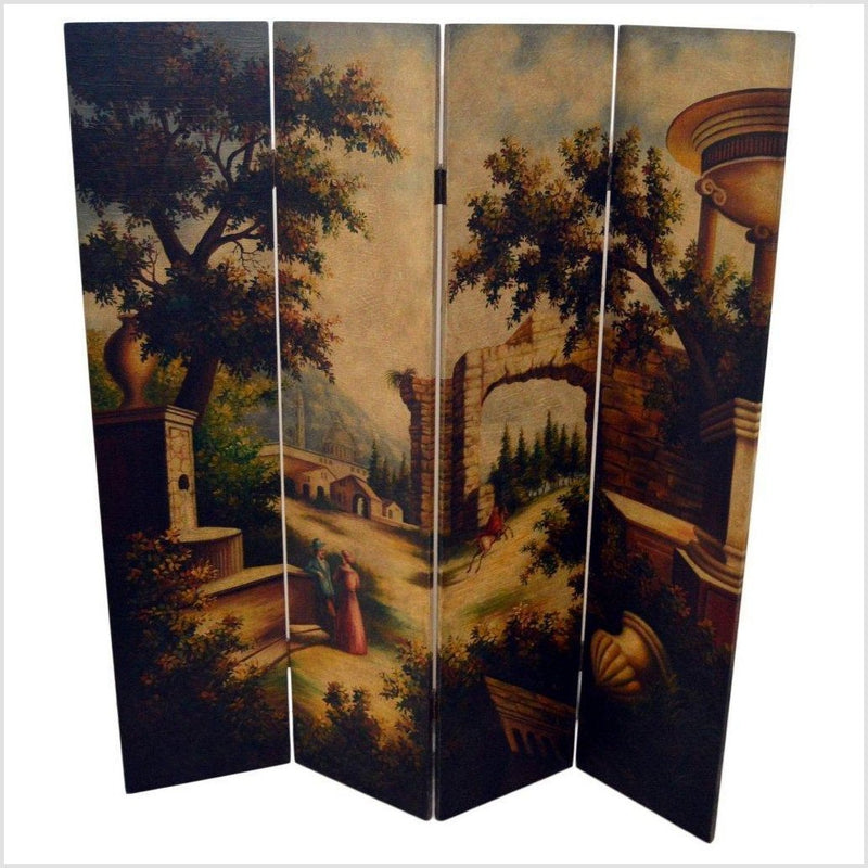 4-Panel Screen Painted with a European Village Scene-YN2856 / YN2895-1. Asian & Chinese Furniture, Art, Antiques, Vintage Home Décor for sale at FEA Home