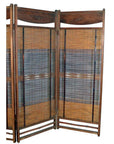 Brown wood and bamboo three-panel screen with carved top and vertical bamboo slats, front view.