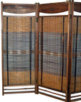 Three-panel wooden and woven bamboo screen, partially open against a white background.