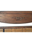 Natural wood screen with curved top, subtle leaf inlay, and bamboo panel detail at the bottom.