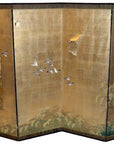 Gold painted screen with birds and grasses, large tear in upper right panel, AS IS condition.