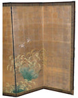 Gold Japanese folding screen with painted grasses and two birds, AS IS condition.