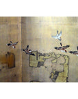 Golden architectural screen with six birds in flight, sold as is.