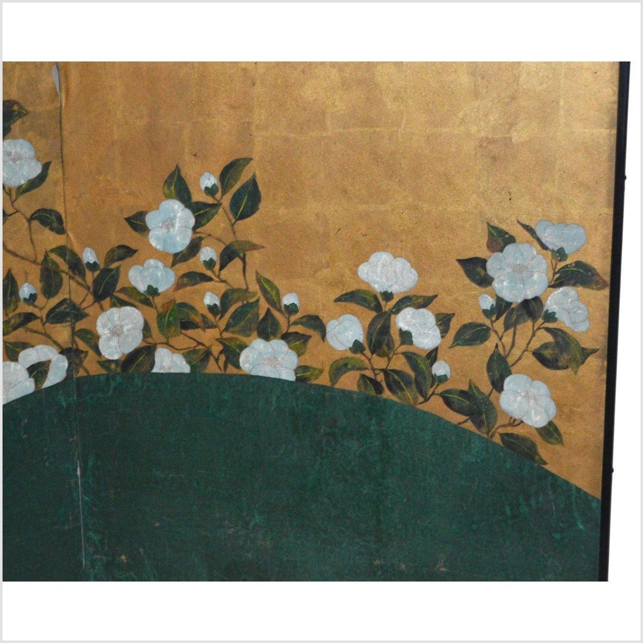Wide Panel Gold Screen and White Cotton Roses-3. Asian & Chinese Furniture, Art, Antiques, Vintage Home Décor for sale at FEA Home