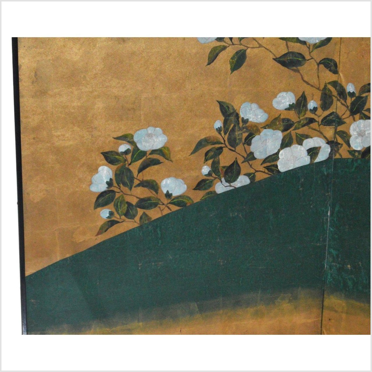 Wide Panel Gold Screen and White Cotton Roses-4. Asian & Chinese Furniture, Art, Antiques, Vintage Home Décor for sale at FEA Home