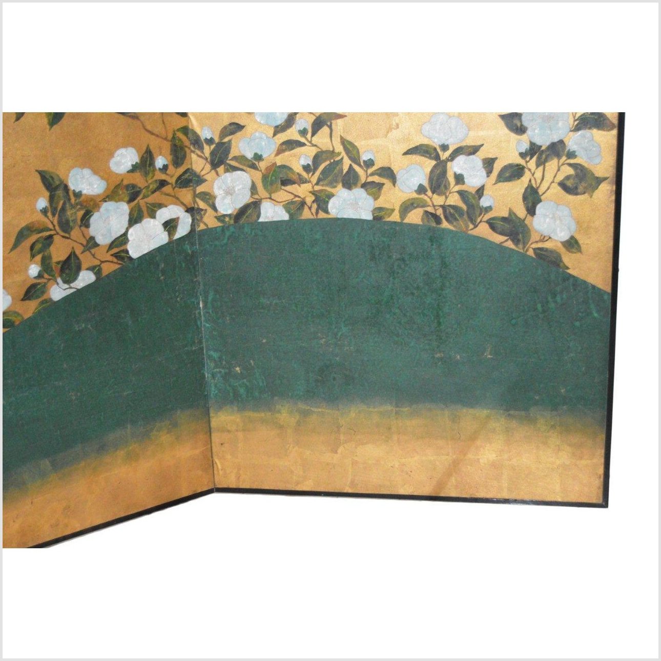 Wide Panel Gold Screen and White Cotton Roses-5. Asian & Chinese Furniture, Art, Antiques, Vintage Home Décor for sale at FEA Home