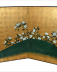 Wide Panel Gold Screen and White Cotton Roses-1. Asian & Chinese Furniture, Art, Antiques, Vintage Home Décor for sale at FEA Home