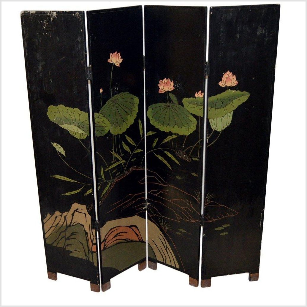 4-Panel Black Lacquered Chinoiserie Screen-8. Asian & Chinese Furniture, Art, Antiques, Vintage Home Décor for sale at FEA Home