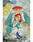 Blue-green robes figure holding red object in front of vintage Japanese 2-panel screen with fictional characters.